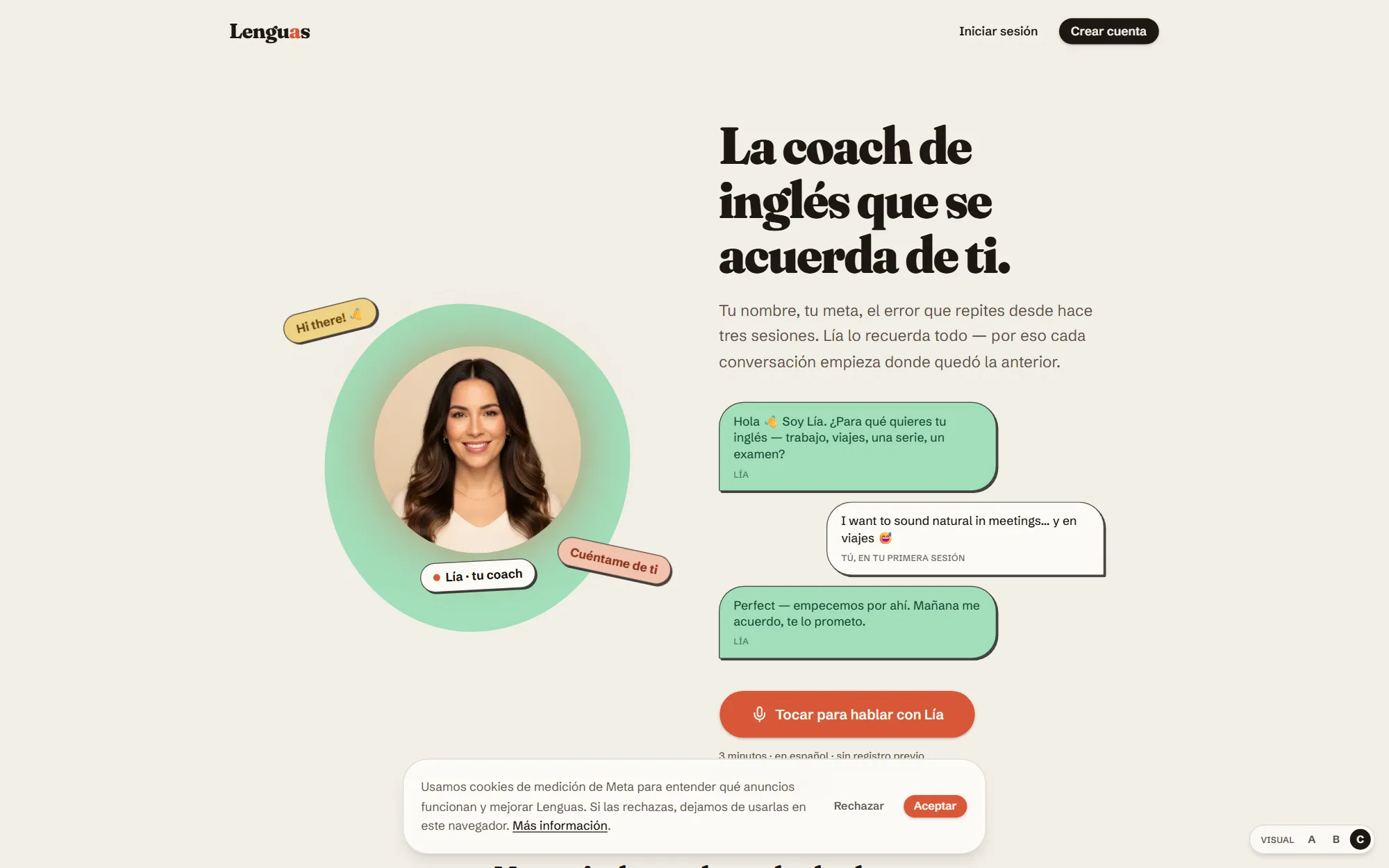Lenguas — coach de inglés con IA — interfaz